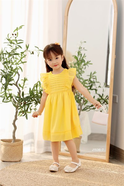 Đầm bé gái thiết kế tơ óng mềm cao cấp xếp ply ngực dây nơ lưng