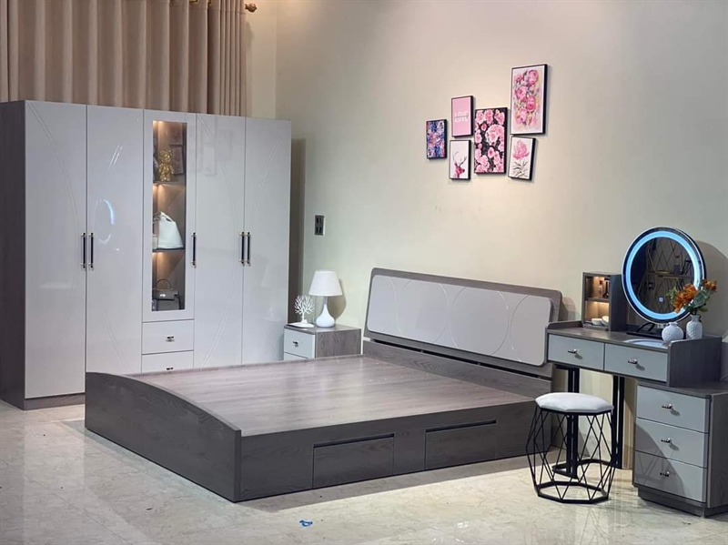 Bộ combo Giường màu ghi - X ghi