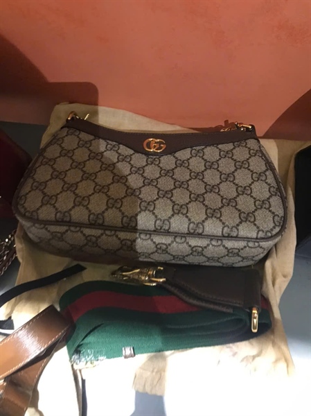 Túi GG họa tiết logo phối da nâu size 24 TB+