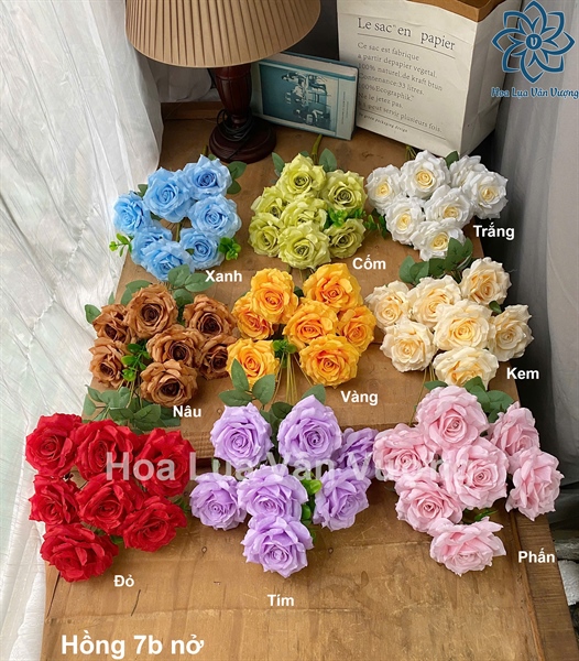 Hồng 7b nở - Hoa cành ngắn - Hoa Lụa Vân Vượng