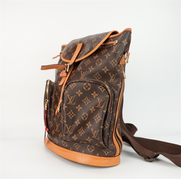 Balo LV hoa nâu có ngăn nhỏ viền da cam ++