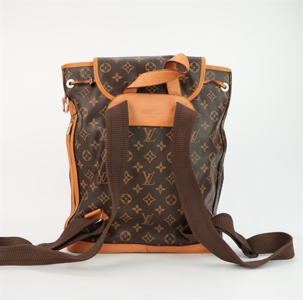 Balo LV hoa nâu có ngăn nhỏ viền da cam ++