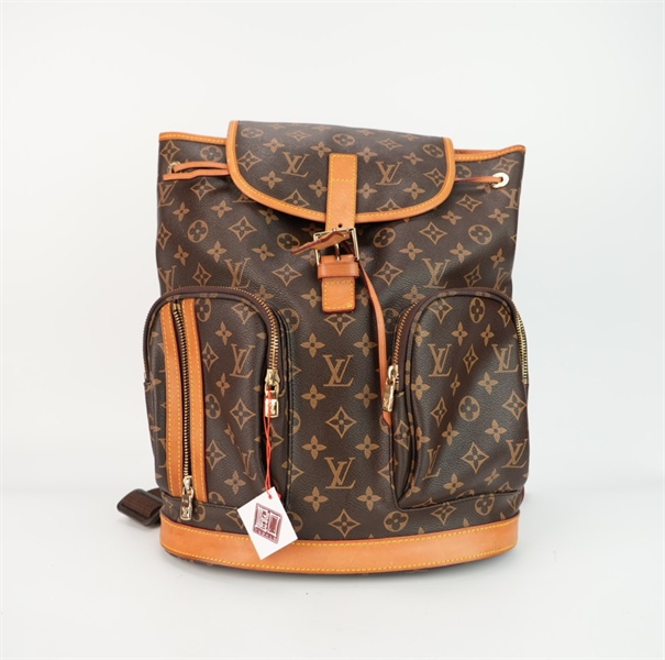 Balo LV hoa nâu có ngăn nhỏ viền da cam ++