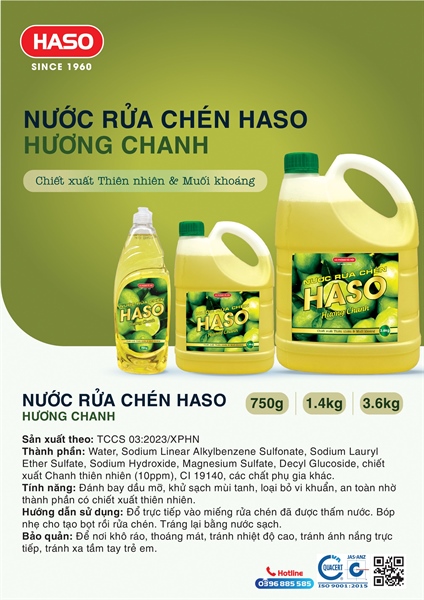Nước rửa chén Haso hương chanh can 3,6kg (3 can/thùng)