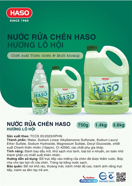 Nước rửa chén Haso hương lô hội chai 3,6 kg (3 can/thùng)