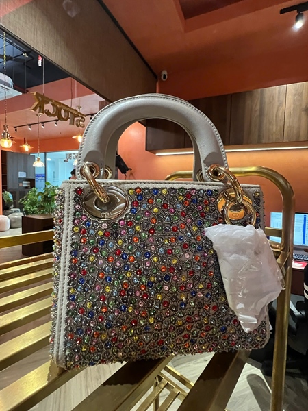 Túi Dior Lady xám đính cườm màu sz mini+