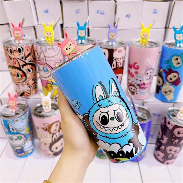 Ly giữ nhiệt bầu Labubu + ống hút icon 600ml