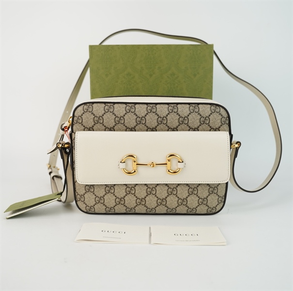 Túi GG Horsebit 1955 xám trắng 23cm TB+