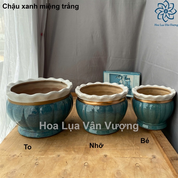 Chậu xanh miệng trắng - to - Lọ hoa - Hoa Lụa Vân Vượng