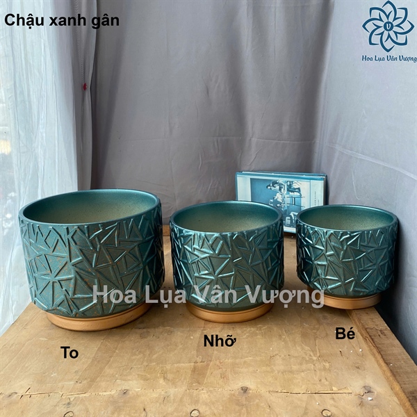 Chậu xanh gân - bé - Lọ hoa - Hoa Lụa Vân Vượng