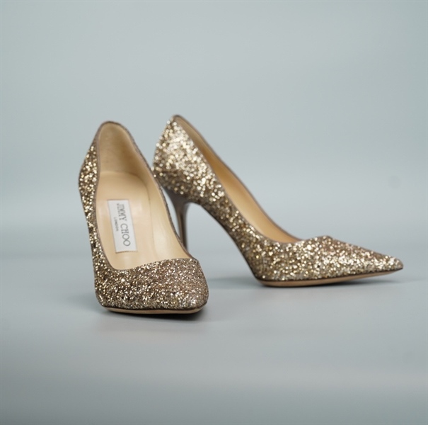 Giày Jimmy Choo màu vàng kim sa cao 10p size 36 (BQ) KG+