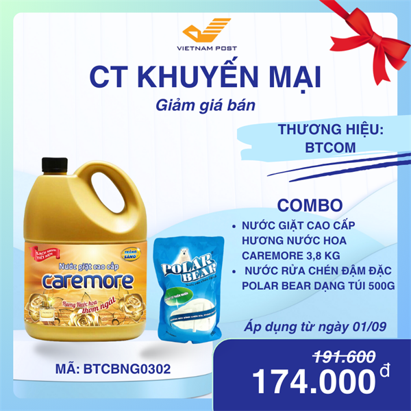 Nước giặt cao cấp Caremore hương nước hoa 3,8 kg & Nước rửa chén đậm đặc Polar Bear dạng túi 500g