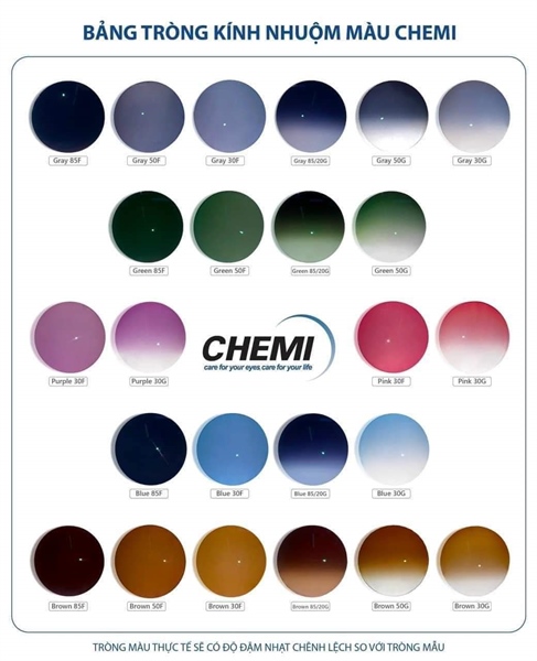 Tròng râm/màu 1.61/1.67 Chemilens U2 nano trơn 24 màu, cận/viễn/loạn từ 0 độ (mỏng đến 40%)1.61/1.67