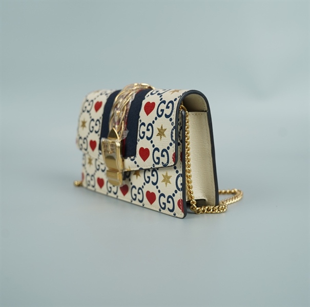 Túi GG nền trắng họa tiết phối xích size 16 (BQ) KG+