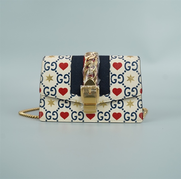 Túi GG nền trắng họa tiết phối xích size 16 (BQ) KG+