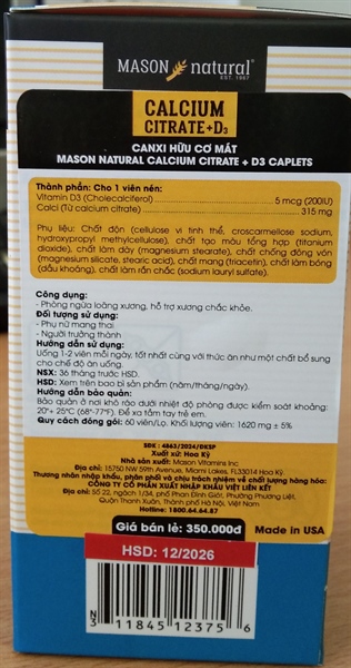 Mason Calcium Citrate + D3 (Lọ 60 viên) - USA 2