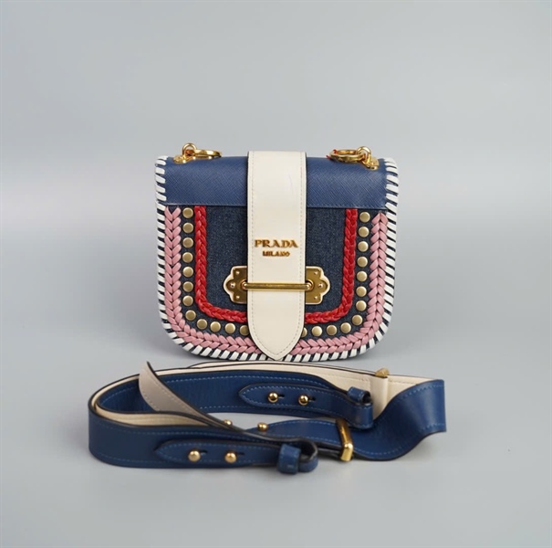 Túi Prada Jean Xanh Viền Hồng Đỏ +