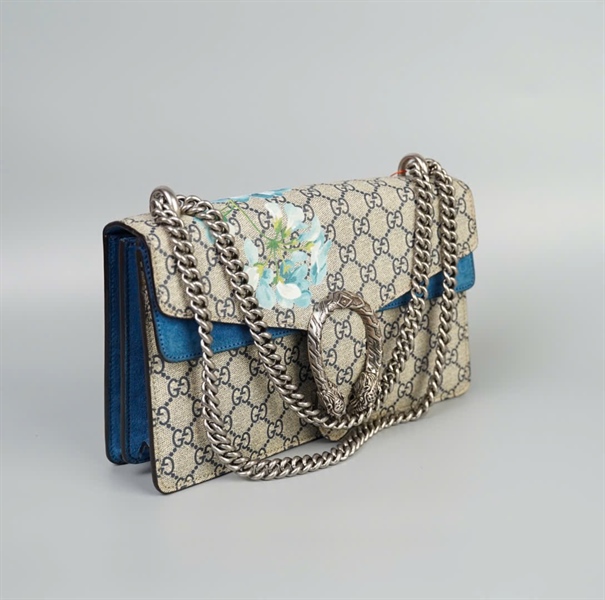 Túi GG Dionysus đầu rồng xám phối xanh dương size 28 (TB) +