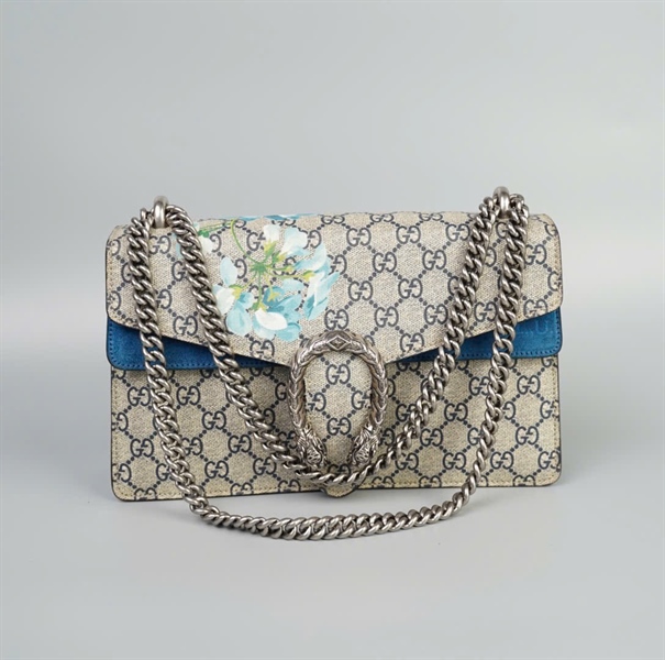 Túi GG Dionysus đầu rồng xám phối xanh dương size 28 (TB) +