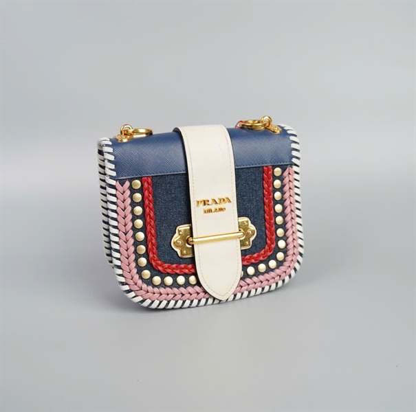 Túi Prada Jean Xanh Viền Hồng Đỏ +