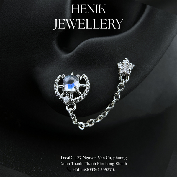 SUN MOON SHAPED AND STAR SHAPED GEM CHAIN EARRING - STAINLESS STEEL