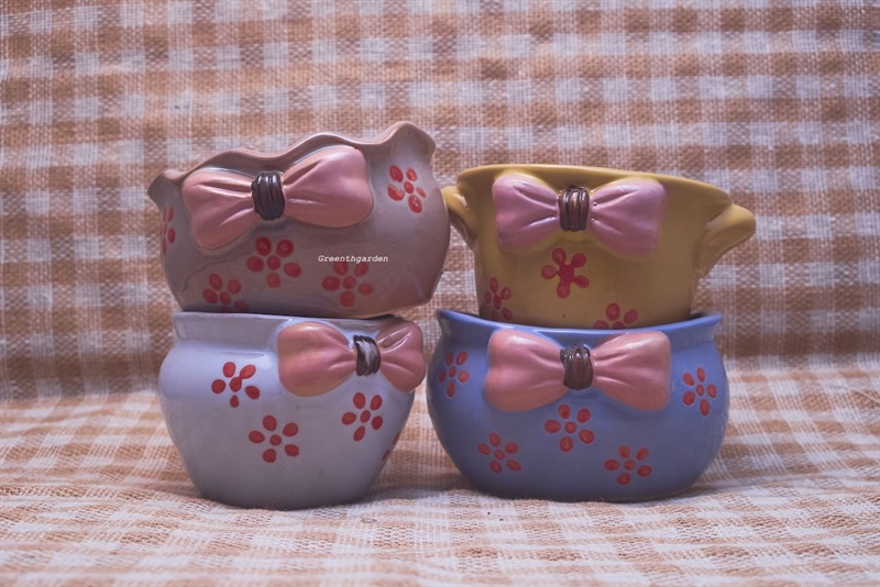 Set 4 Chậu Gốm Nơ Chấm Bi