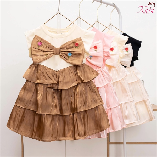 Đầm Bé Gái Nơ Hoa Thêu 3 Tầng Cao Cấp | Váy Công Chúa Size 4-14