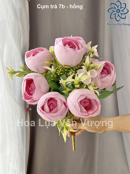 Cụm trà 7b - hồng - Hoa cành ngắn - Hoa Lụa Vân Vượng