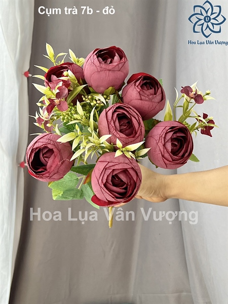 Cụm trà 7b - đỏ - Hoa cành ngắn - Hoa Lụa Vân Vượng