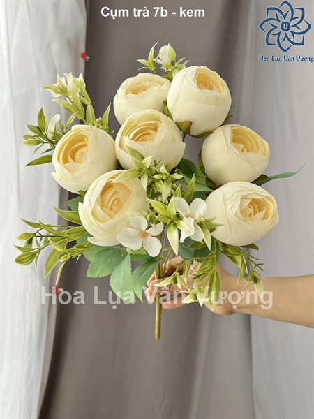 Cụm trà 7b - kem - Hoa cành ngắn - Hoa Lụa Vân Vượng