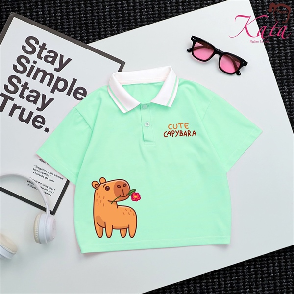 Áo Polo Bé Gái Hình Capybara Dễ Thương Kata – Áo Thun Cổ Bẻ Cotton Mềm Mát Cho Bé 12-35kg
