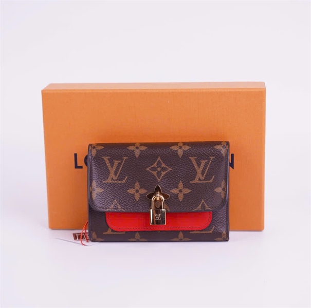 Ví LV hoa nâu phối đỏ trang trí ổ khóa +