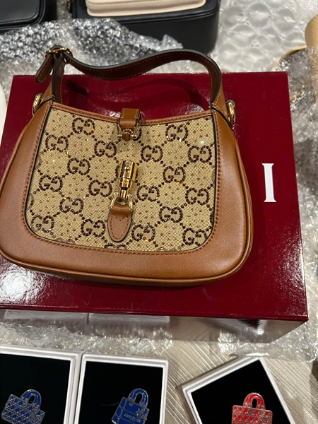 Túi GG Jackie viền nâu lấp lánh size mini (BQ) KG+