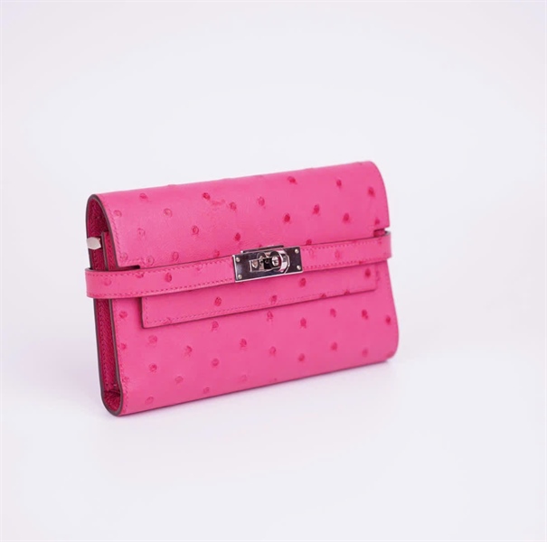 Ví Hermes hồng da đà điểu sz 15+