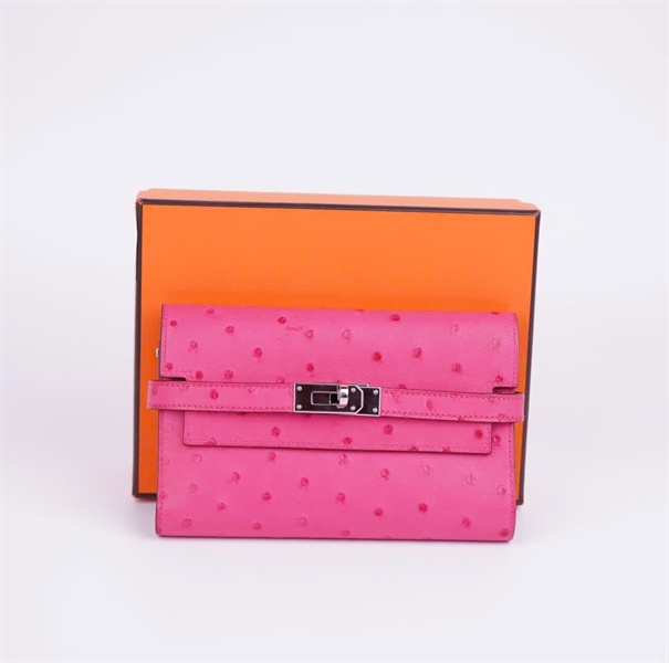 Ví Hermes hồng da đà điểu sz 15+