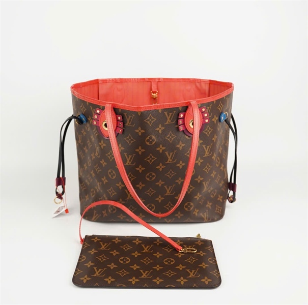 Túi LV Neverfull hoa nâu lòng đỏ cam size 30 kèm ví +