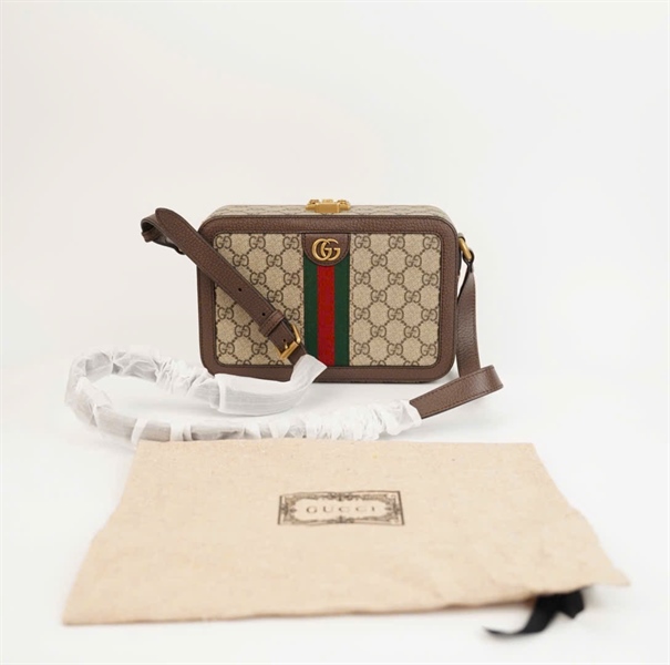 Túi GG Ophidia xám viền nâu sz 23 +