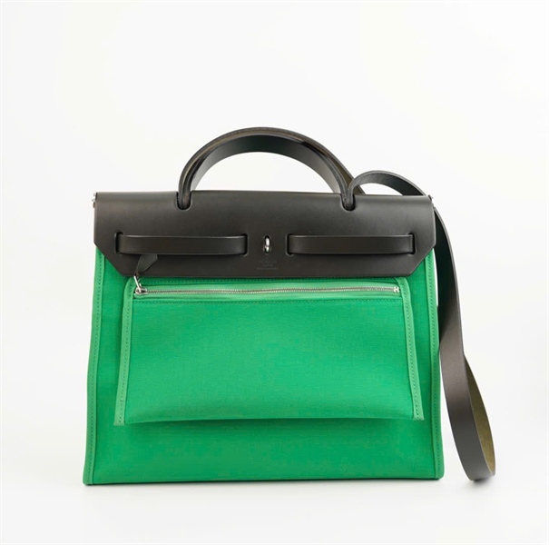 Túi Hermes Herbag Zip nắp đen nền xanh lá kèm ví size 31 +