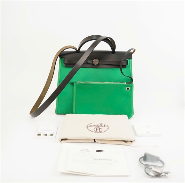 Túi Hermes Herbag Zip nắp đen nền xanh lá kèm ví size 31 +