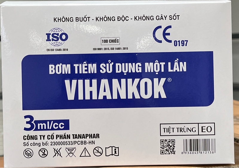 Bơm tiêm 3ml/cc VIHANKOK (Kim 25G) Tanaphar/VN, Bơm tiêm sử dụng một lần (H*100cái) -