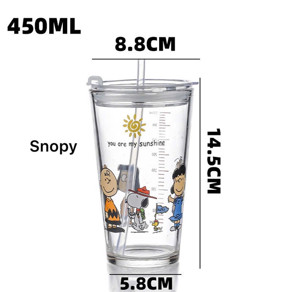 Ly Thuỷ Tinh Chia Vạch Hoạ Tiết Hoạt Hình Có Nắp Đậy Kín Hơi 400 Ml Tặng Kèm Ống Hút Thuỷ Tinh An Toàn Cốc Thuỷ Tinh / Ly Thuỷ Tinh Uống Nước In Hình Dễ Thương Có Nắp Đậy Và Ống Hút Thuỷ Tinh Cao Cấp - LDLSNP400