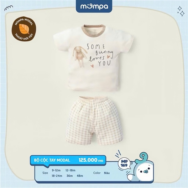 Bộ Cộc Tay BT Chui Đầu Mompa - Họa Tiết Con Gấu - Nâu