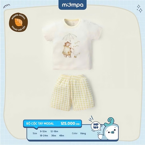 Bộ Cộc Tay BT Chui Đầu Mompa - Họa Tiết Con Gấu - Vàng