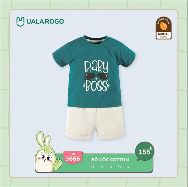 Bộ Cộc Tay Cotton Bamboo Uala Rogo - Họa Tiết Chữ Boss - Xanh rêu