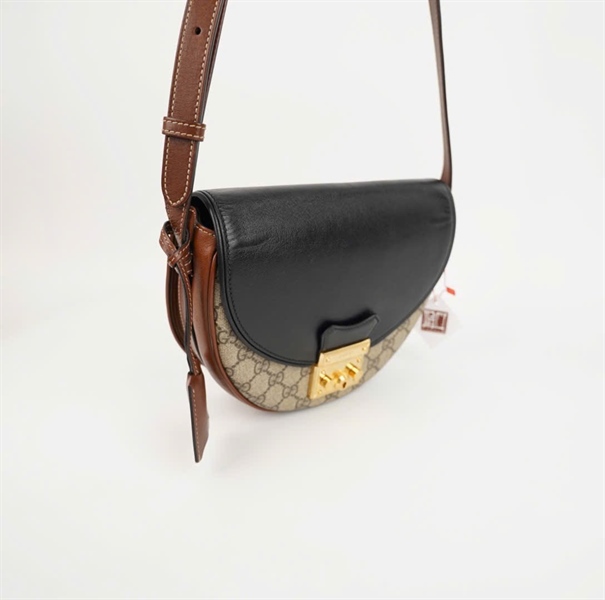 Túi GG Padlock nắp đen nền xám viền nâu (BMC) +