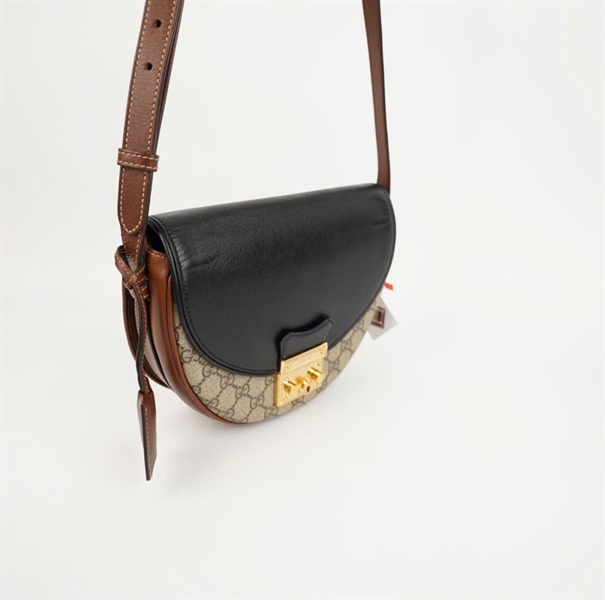 Túi GG Padlock nắp đen nền xám viền nâu (BMC) +