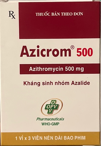 Azicrom 500mg (Azithromycin 500mg) (Hộp 1 vỉ x 3 viên nén) - OPV (Hộp)