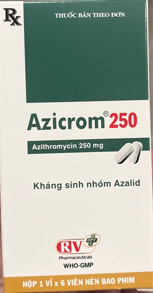 Azicrom 250mg (Azithromycin 250mg) (Hộp 1 vỉ x 6 viên nén) - OPV