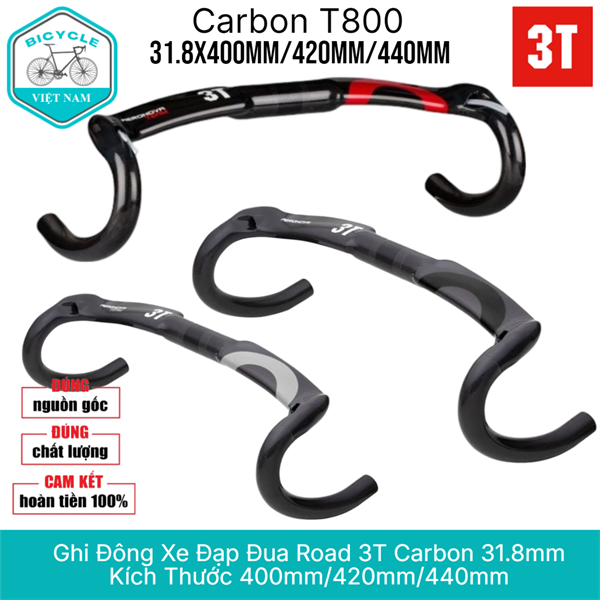 Ghi Đông Xe Đạp Đua Road 3T Carbon 31.8mm - Kích Thước 400mm/420mm/440mm