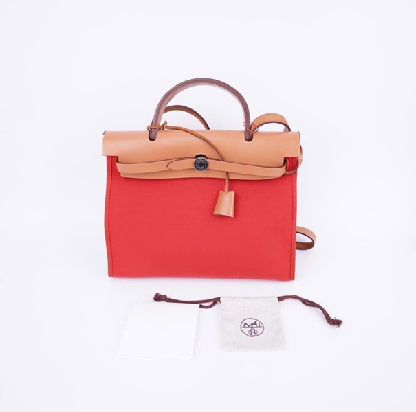 Túi Hermes Herbag Zip nắp nâu nền đỏ kèm ví size 31 +